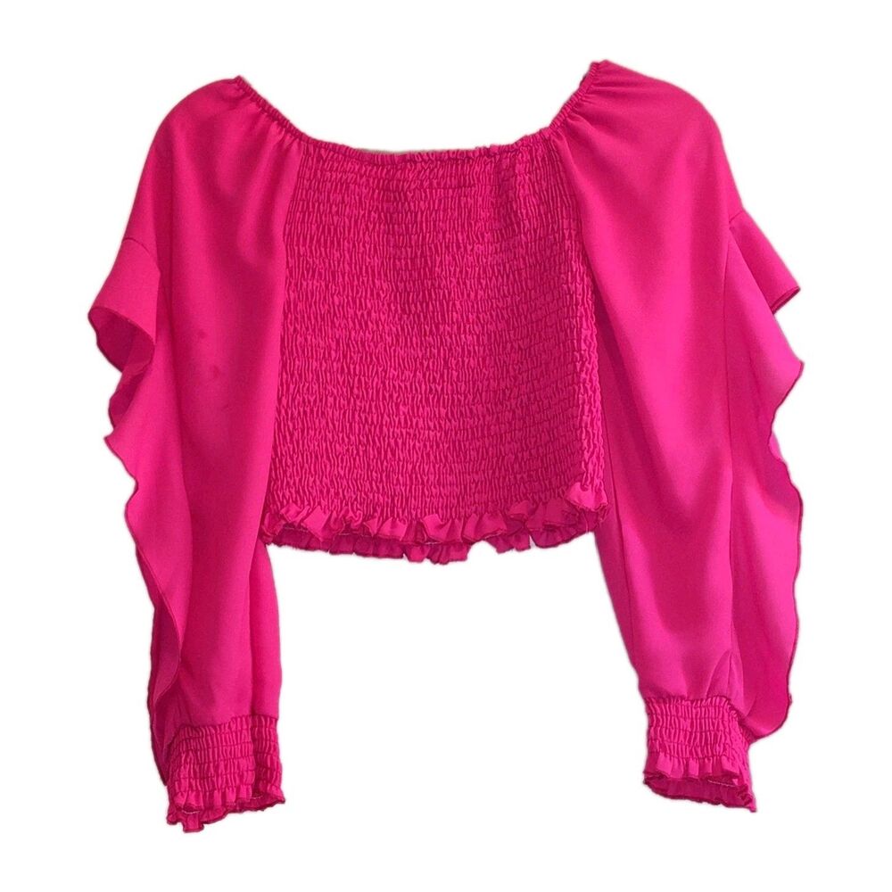 MARIA JOSÉ Hot Pink Smocked Ruffle Sleeve Off-The-Shoulder Crop Top M/G - Picture 2 of 12